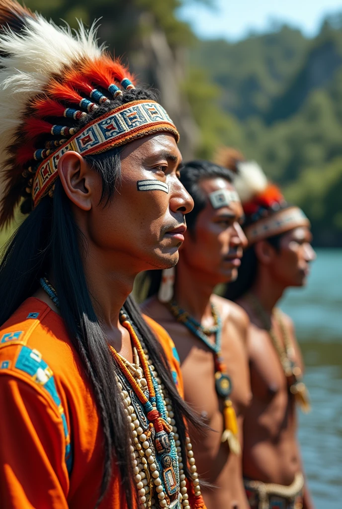 Native American Indian Tribe. Close-up of colorfully dressed native men on the bank of a river