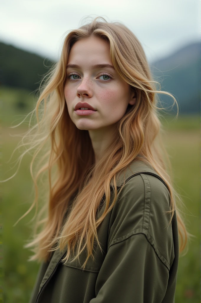 SadieSink,Portrait of a young beautiful Norwegian girl on a field, overcast with natural illumination, outdoors, highly detailed, realistic textures