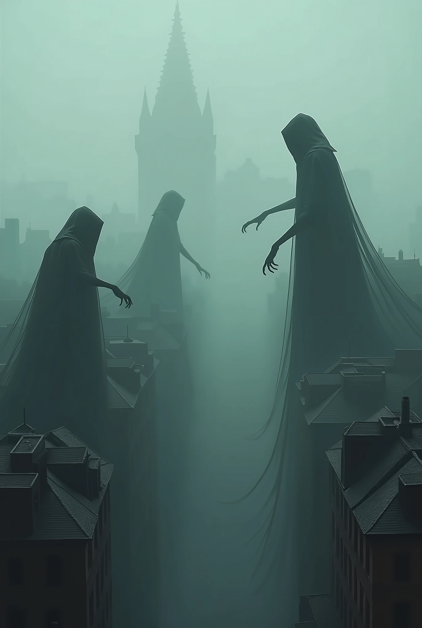 (Mysterious Fog:1.5), An eerie, fog-laden cityscape filled with dark, shadowy figures. These figures are tall with drifting cloaks, giving them a ghostly appearance. Their long, bony fingers reach out towards the city below, creating an atmosphere of dread and mystery. Their hollowed faces, hidden under their hoods, emanate a cold, chilling vibe. These figures are imagined based loosely on fantasy literature creatures, prowling the rooftops, gliding effortlessly above the tiny buildings, and weaving through the streets, casting long, ominous shadows on the ground below.