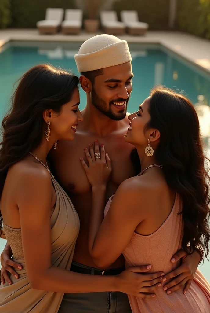 (photorealistic ), wide angle shot from above, a Muslim man shirtless wearing muslim traditional skull cap, looking, lying on bed, beside him two hindu curvy women close to him, hugging,smile and happy, romantic ambience, golden hour, pool background. HD