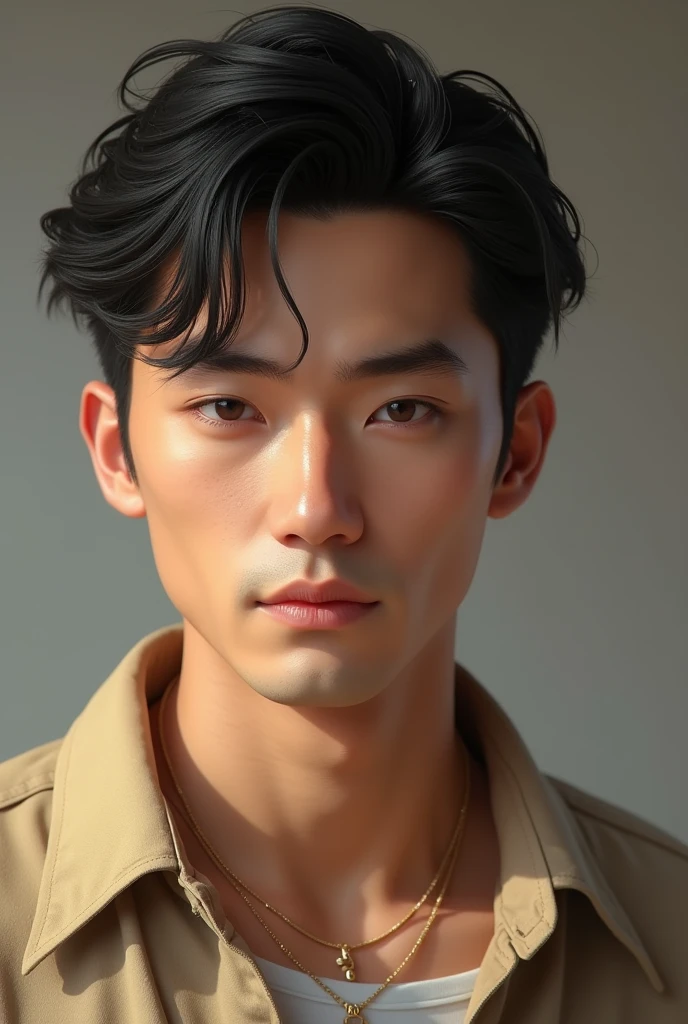 charming and attractive. He has the Asian-hunk look. He is tall and masculine. He has an Asian-bronze skin tone, dark hair, and dark almond-shaped eyes