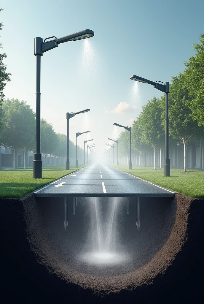 Roadside water sprinkler fitted in street light to counter pollution from cars and vehicles on road with under Road exhaust fan underground. Whole road and under ground view