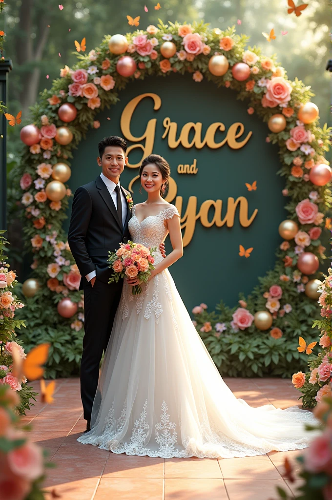 Real Pinoy wedding.woman beautiful with wedding gown and man handsome with black attire.with name wall "Grace and Ryan"with flowers baloons butterflies