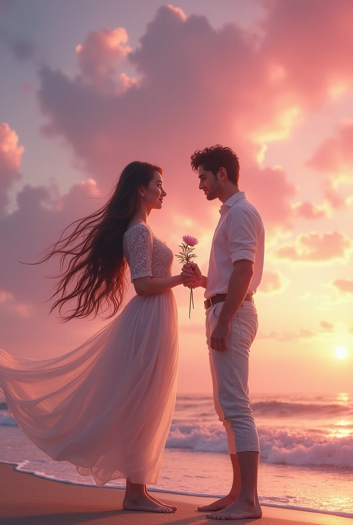 An image of 9:16 ratio of a girl with pretty frock and her long hair till her thighs sitting at a beach with pink sky and a men is adoring her with a flower in his hand