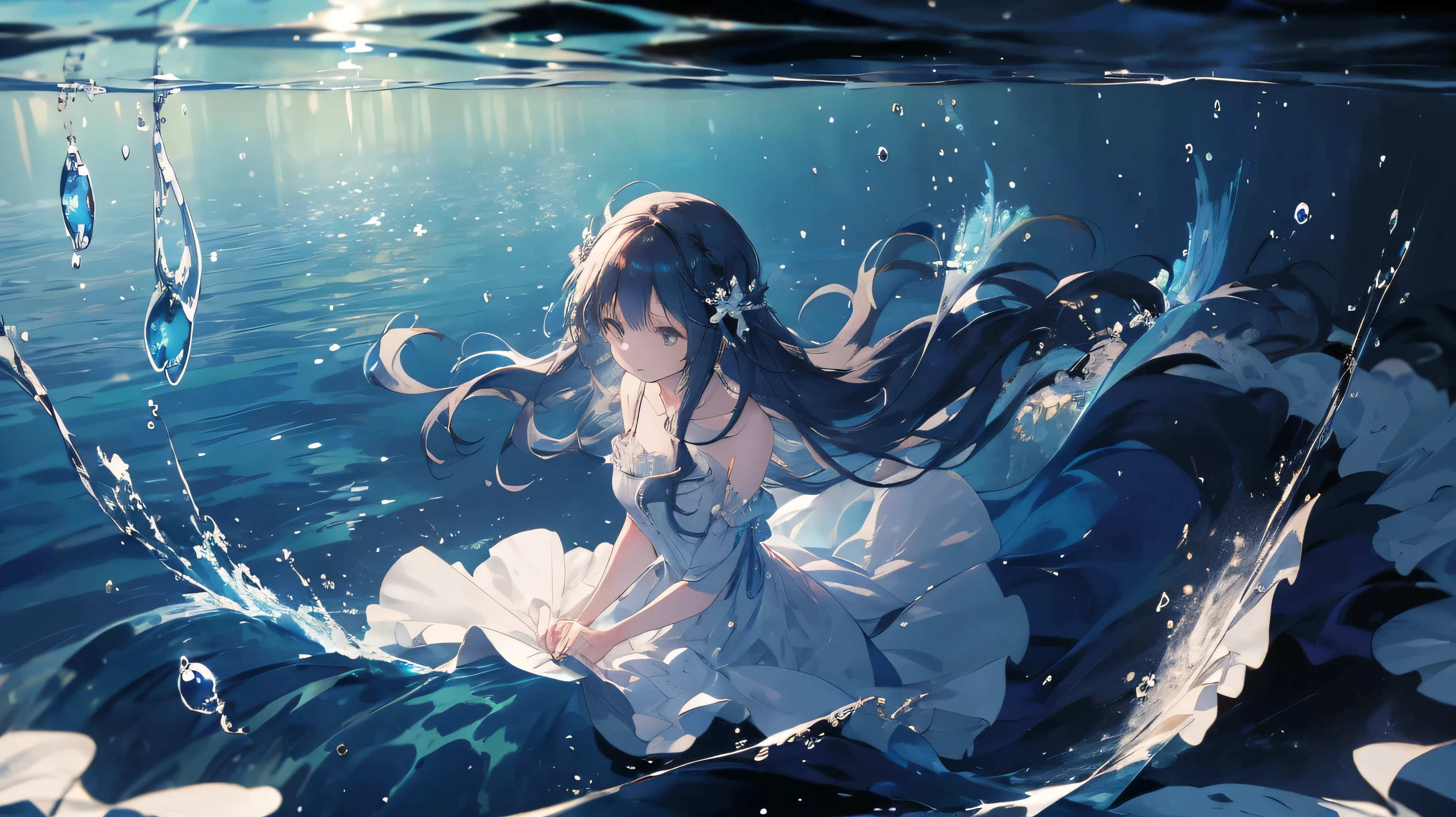 Floating in the deep blue sea、A woman playing the piano elegantly。Her long hair spreads out in the water、The dress is flowing。In the silence of the sea、It's as if the music is one with the flow of the water.。Soft light shines into the background、It creates a mysterious and fantastical atmosphere.。