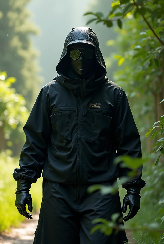 A man wearing a black cloth outfit, his face completely covered by an iron mask with Black glasses, wearing an M35 helmet, Wear a sun protective jacket.

Set in Hometown, The forest and the weather were sunny with light rain.