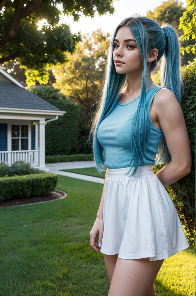 Create a detailed and realistic image of a suburban neighborhood at dusk, capturing the nostalgic and youthful vibe of early 2000s American cinema. In the foreground, show a 20 years old young girl with blue and white hair, styled in a loose ponytail, very long wavy azure blue hair, long blue hair, beautiful woman with blue hair, flowing blue hair, beautiful blue haired girl, pretty girl with blue hair, long azure blue hair, blue long hair, very long blue hair, girl with blue hair, blue hairstyle, tall, height 180 cm, weight 45 kg, beautiful, athletic figure, big round breasts, green eyes, (best quality, 4k, 8k, high definition), ultra detail, detailed face and facial features, beautiful detailed eyes, beautiful detailed lips, extremely detailed eyes and face, long eyelashes, graceful triangular face, classic lip shape, small graceful nose, super realistic with a playful and confident demeanor, wearing a sheer, low-cut blouse and a short skirt, standing with a seductive pose next to a white picket fence. The house behind her should have a classic, welcoming appearance with warm, soft lighting coming from the windows. The background should include a quiet, tree-lined street with a few parked cars and other typical suburban houses, a well-manicured lawn, a garden filled with blooming flowers, and a large oak tree casting long shadows. A mailbox with the house number, a bicycle leaning against the fence, and a distant view of the sky with hues of purple and orange as the sun sets. The overall atmosphere should evoke a sense of romantic nostalgia, with soft lighting and a slightly warm color palette.
