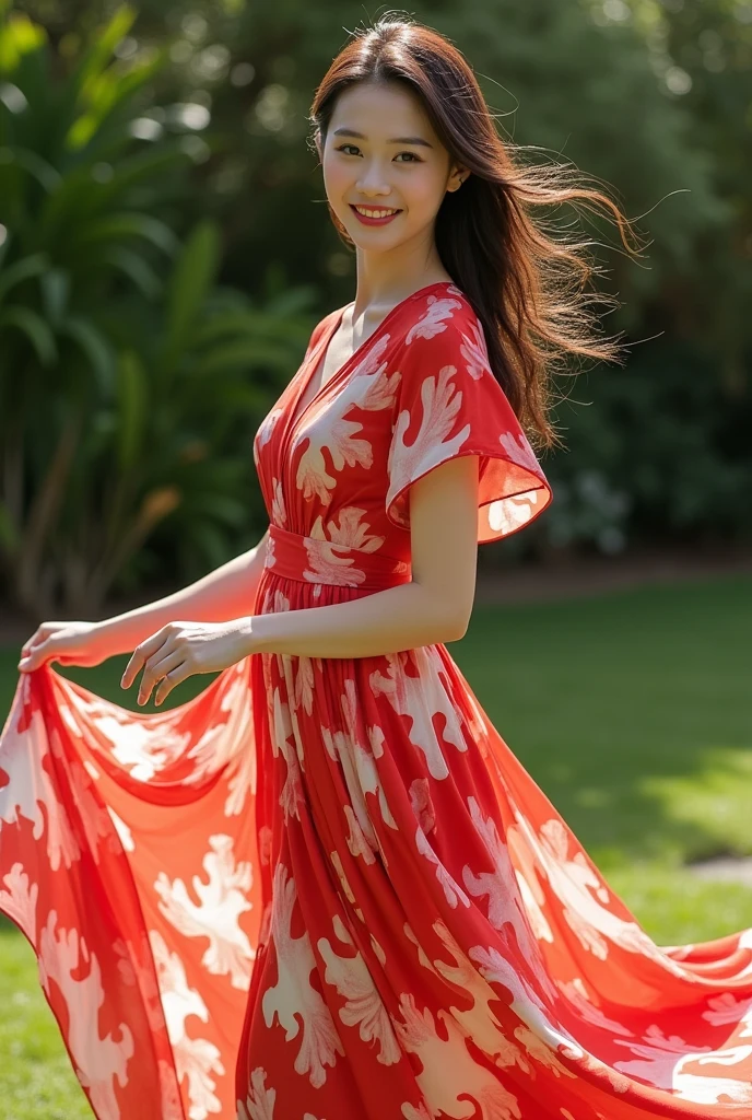 I&#39;ve been imagining a red and white printed dress. I&#39;d like to swap out the floral prints for larger, wind-shaped prints..

Slightly smaller and more fluid prints. Dress with two short sleeves Prints a little more separated, with a Caucasian model with a shy and cheerful posture in a garden