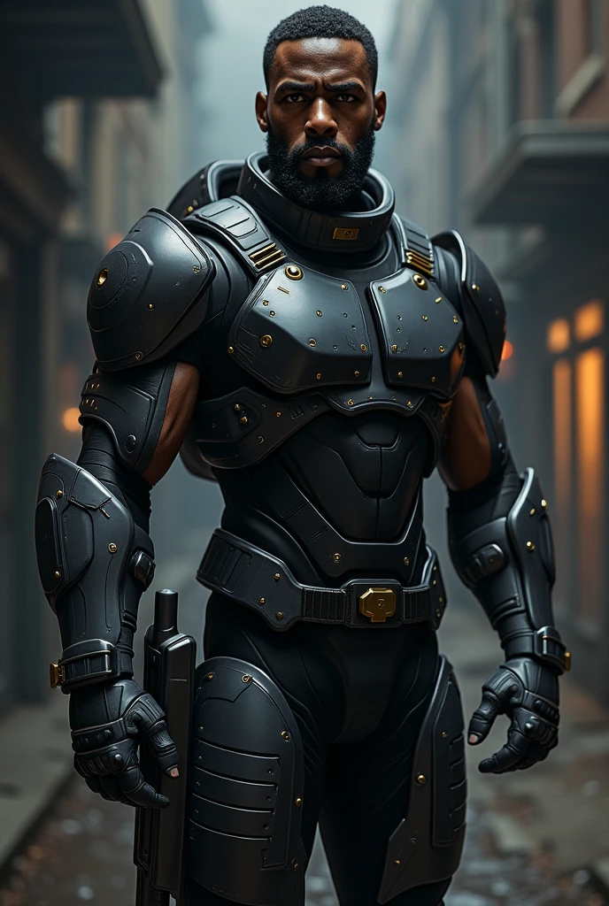 Dark-skinned man wearing a sophisticated combat suit for hand-to-hand combat