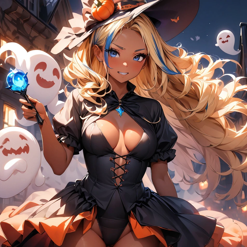 (highest quality:1.2, Very detailed, up to date, Vibrant, Ultra-high resolution, High Contrast, masterpiece:1.2, highest quality, Best aesthetics), Portraiture、girl、slim:1, Bright colors、Beautiful fine details、Beautiful lip detail、long hair, ((wavy hair:0.4))、messy hair, blonde and blue ((streaked hair:1.3)), highlights hair: 1.3, (medium breast:1), (tan skin:1.3), halloween witch costume, sexy witch, witch hat, holding magic wand, Background of a haunted house with flying bats, ghost pose, angry, clenched teeth, cowboy shot,