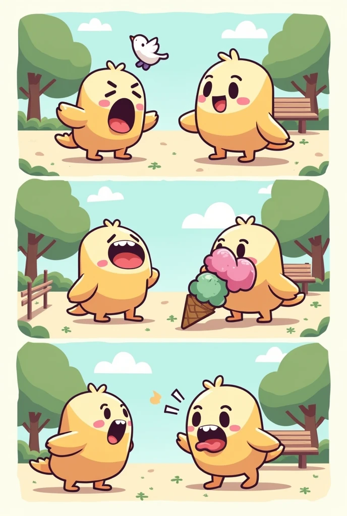A 4-panel comic strip featuring a cute, expressive character navigating a humorous situation. In the first panel, the character, a cheerful and slightly clumsy person, is excitedly holding a large ice cream cone on a sunny day. The background shows a park with trees and a bench. In the second panel, the character is startled as a bird suddenly swoops down toward the ice cream, causing them to lose balance. The third panel shows the character tripping and the ice cream flying through the air, with an exaggerated shocked expression. In the fourth panel, the character is sitting on the ground, looking disappointed as the bird happily eats the ice cream from a nearby bench. The overall style should be lighthearted and colorful, with simple, clean lines and a focus on the character's expressive emotions.
