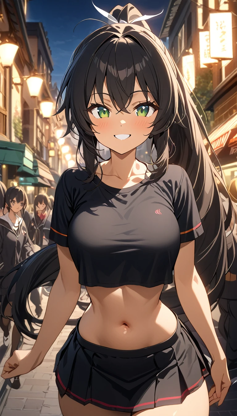 (masterpiece, top quality: 1.2), anime style, Super detail, Great lighting, (1 girl: 1.3), (High resolution:1.2),(​masterpiece、premium:1.2),very detailed eyes, perfect face, very beautiful female body, thick thighs, medium chest, brown skin, good lighting, cowboy shot, Alone, 1 girl, (((happy face))), standing, walking around town, Look at the spectators, very long black hair, ponytail, white ribbon in hair, homura (Senran Kagura)、green eyes, short skirt, cropped blouse, shows the navel, smiling happy, busy street in the background, schoolgirls in the background,