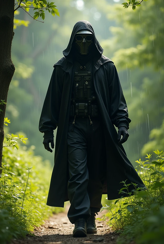 A man wearing a black cloth outfit, his face completely covered by an iron mask with Black glasses, wearing an M35 helmet, Wear a sun protective jacket.
Set in Hometown, The forest and the weather were sunny with light rain.
