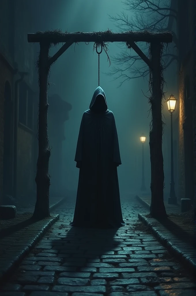 une silhouette debout dans une rue pavée, faiblement éclairée, la nuit. La silhouette est vêtue d’une cape avec une capuche qui cache le visage. L’habillement est celui dun fossoyeur pres de son échafaud pour pendre un criminel. lampadaire fournit de la lumière, projetant de longues ombres et contribuant à l’atmosphère inquiétante de la scène. il va pendre un criminel sur l'échafaud . on voit l'échafaud