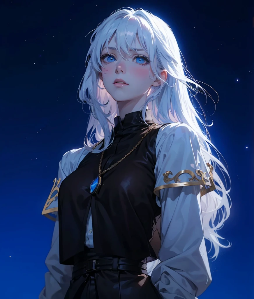 2D Anime, anime style, ((ufotable)), mappa, anime studio, styled anime ilustration, A young albino woman on a starry night, elegant proper noble medieval woman, beautiful, white long hair, rebellious hair, crazy bangs, pink lips, blue stronger eyes, white eyelashes, white skin, she is dressing a white loose shirt, loose sleeves, With a black leather vest without details, tight, long brown skirt, brown fabric sash, ultra detail, ulreal quality, pure night, stars, hiper detailed sky, beautiful blue eyes, dinamic pose, sad, blush, elegant, Reserved, clothes well put on, shirt closed, ((anime scene 9.0))