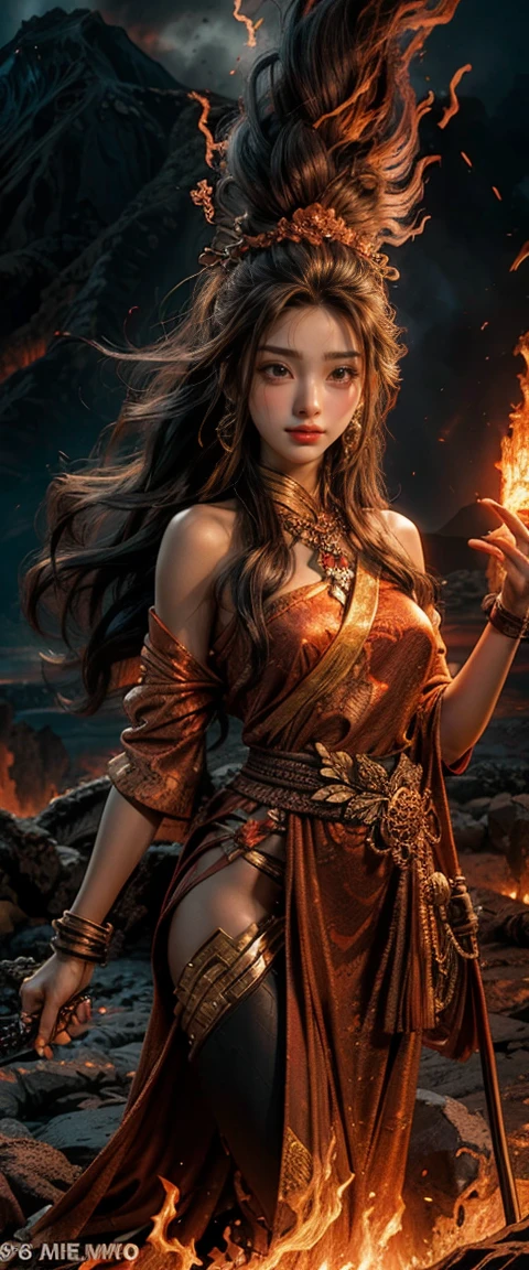 Depict Pele, the Hawaiian goddess of volcanoes and fire, standing amidst flowing lava, her hair resembling fiery flames. She holds a staff made of volcanic rock, with an erupting volcano in the background, symbolizing her power and fierce nature. —ar 9:16 —s 1000