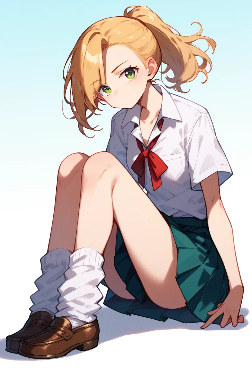 masterpiece, (score_9,score_8_up,score_7_up,score_6_up), 1 girl, green eyes, little sassy, bitch / cockslut / whore, skinny, tsurime, asymmetrical bangs, ponytail , (blond hair:1.3), (school uniform), (white collared shirt, plain pattern shirt, short sleeves, shirt tucked in:1), (red plain pattern narrow neck ribbon:1.2), brown loafers, white loose socks ,