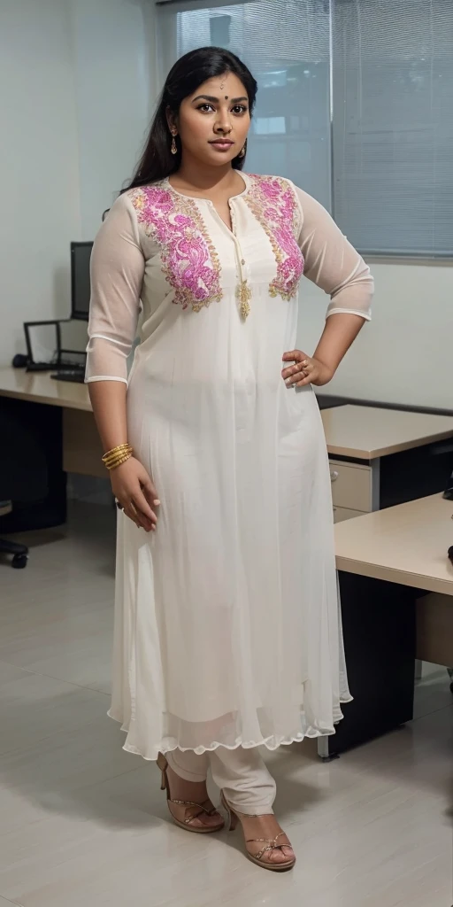 Day scene, A radiant, full-figured South Indian 35 year old aunty a white colour chiffon gown ,standing, in a office captured in a full-body image with vibrant hues and meticulous details. Full body image