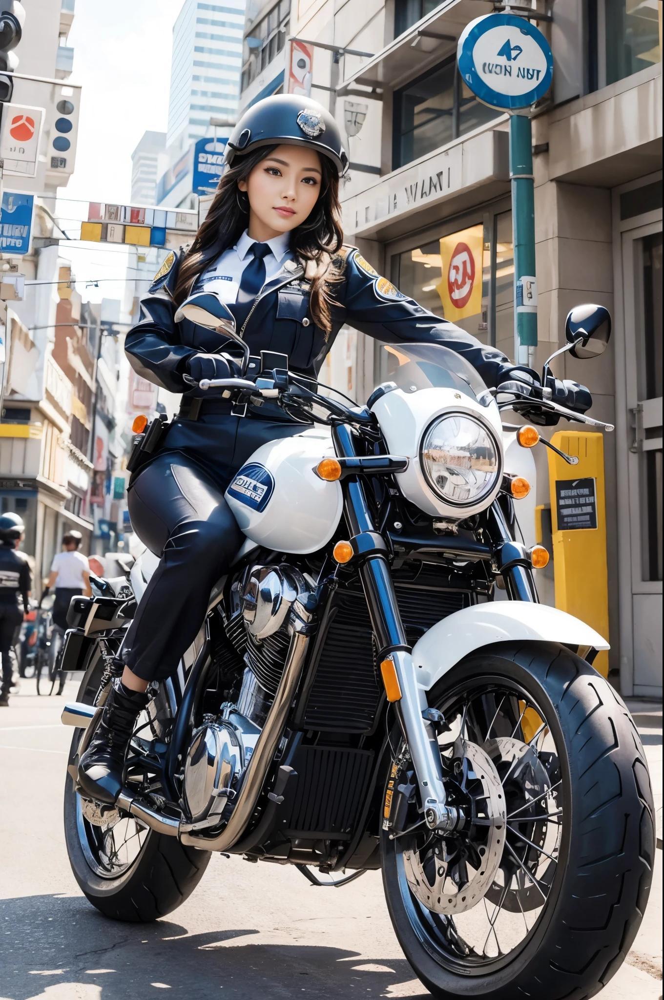 Beautiful police officer on a motorcycle