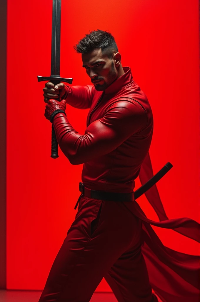 ultra hd , handsome man holding katana with red outfit and red background , cyberpunk