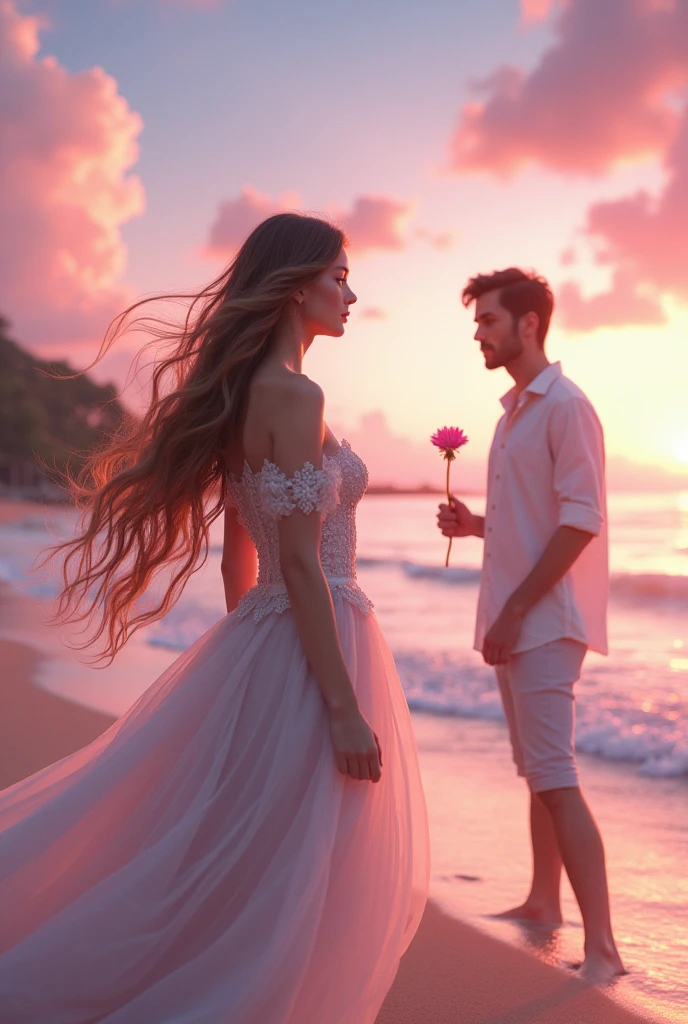 An image of 9:16 ratio of a girl with pretty frock and her long hair till her thighs sitting at a beach with pink sky and a men is adoring her with a flower in his hand 