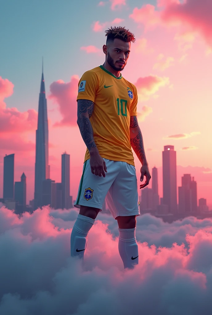 Je veux une photo de Neymar avec fond rose ciel avec dees tours de building tous sa en en 4k