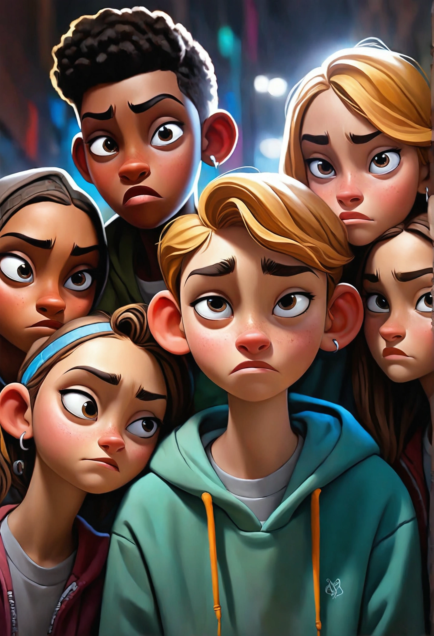 realistic, photorealistic, detailed painting of young people, group of teenagers, friends, anti-drug campaign, social awareness, vibrant colors, dramatic lighting, powerful emotions, strong message, (best quality,8k,expression,impactful,meaningful,thoughtful,inspirational