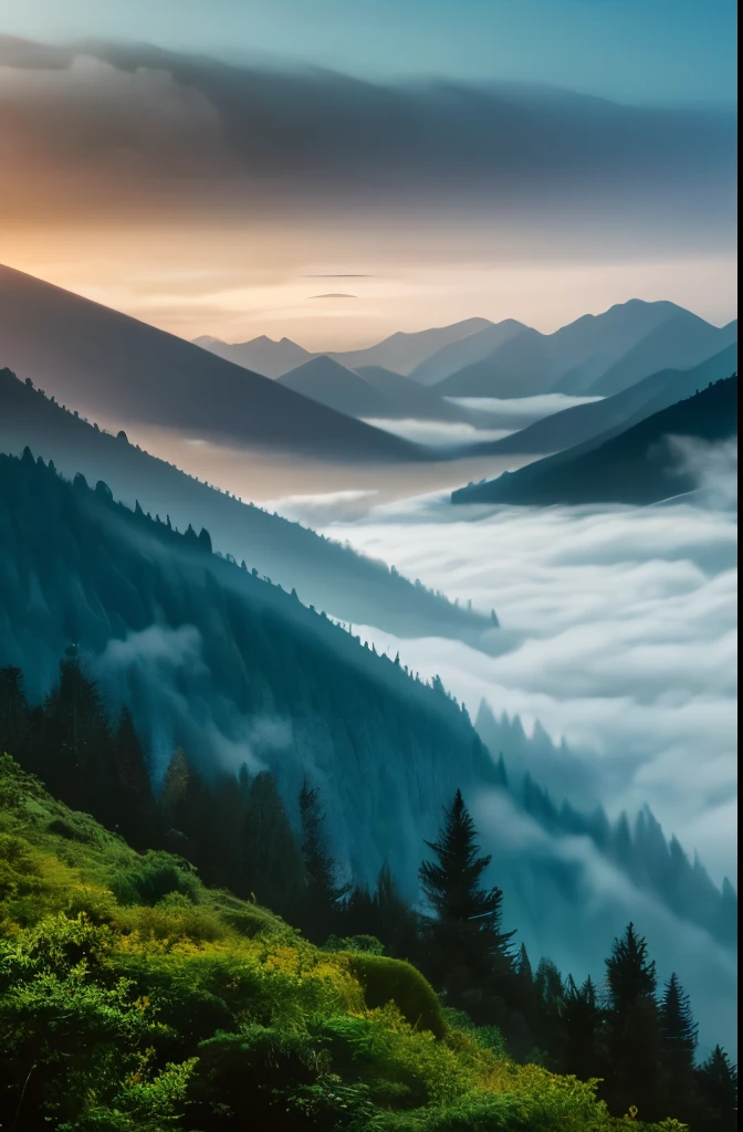 a view of a foggy valley with trees and mountains in the background, a matte painting by Neil Blevins, flickr, romanticism, blankets of fog pockets, misty mountains, extremely beautiful and ethereal, blanket of fog, valley mist, misty forest, mists, mist in valley, rolling fog, fog rolling in, stunning nature in background, misty and foggy, foggy forest