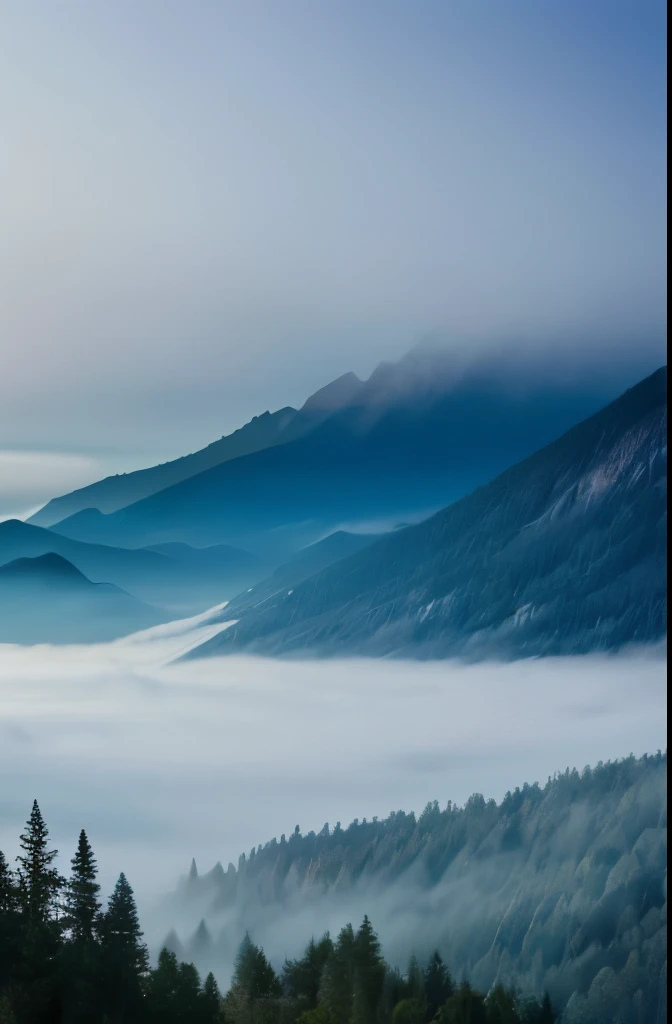 a view of a foggy valley with trees and mountains in the background, a matte painting by Neil Blevins, flickr, romanticism, blankets of fog pockets, misty mountains, extremely beautiful and ethereal, blanket of fog, valley mist, misty forest, mists, mist in valley, rolling fog, fog rolling in, stunning nature in background, misty and foggy, foggy forest