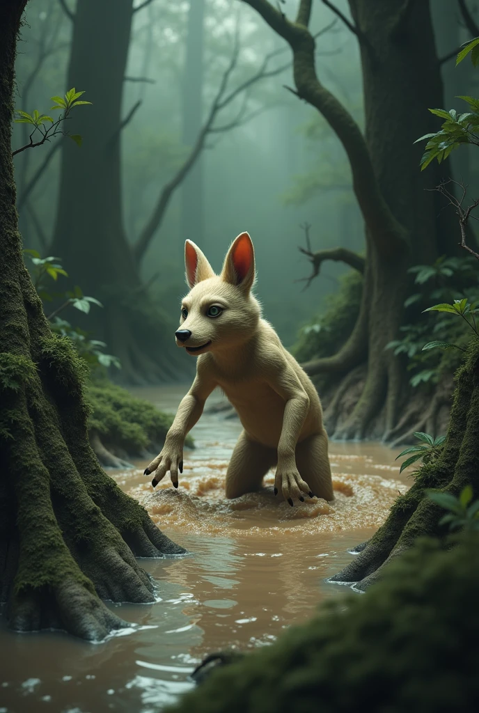 Nude furry in quicksand in the woods