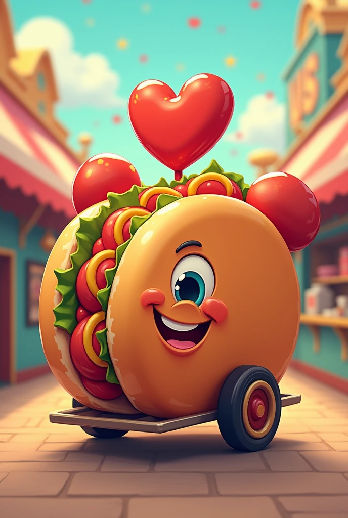 Round hot dog hamburger cart logo with a Disney style heart