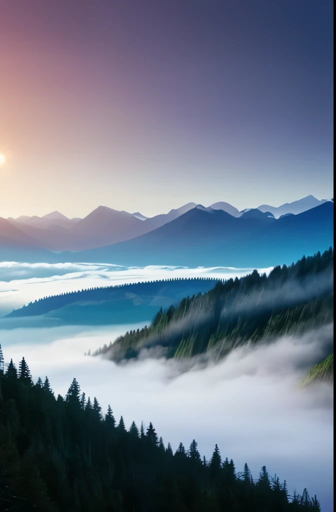 a view of a foggy valley with trees and mountains in the background, a matte painting by Neil Blevins, flickr, romanticism, blankets of fog pockets, misty mountains, extremely beautiful and ethereal, blanket of fog, valley mist, misty forest, mists, mist in valley, rolling fog, fog rolling in, stunning nature in background, misty and foggy, foggy forest