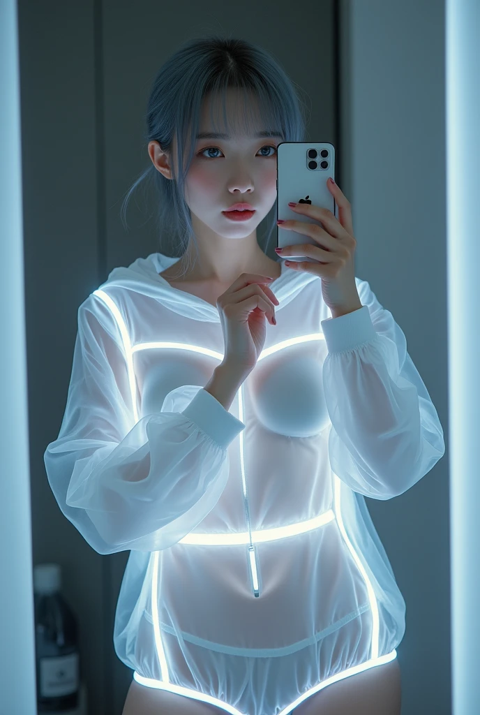 highly detailed, beautiful, hyper Realistic girl, masterpiece, best quality, Depict a mysterious and sophisticated beautiful Japanese gravure model,, 28-years-old, identity hidden, all body shot, / gray arranged hair, small head, Detailed face, Duck mouth, perfect beautiful Tooth, arranged gray hair, shiny eyes, Detailed blue-colored eyes, Realistic skin, Detailed face, /// Her outfit includes sexy and casual (see-through:1.4) Thin white sports Sweatshirt with hood with multiple elastic white led harnesses designed underneath, and led hem, adding a minimalist beauty. She accessorizes with futuristic accessories and wears technical sneakers. Her demeanor exudes harmony and striking simplicity., //// Monotone simple modern taste single room, mirror, complicated background /// takes a selfie in her room using a smartphone in front of a mirror with one hand, all body shot, standing and emotional Posing, looking away from the camera,