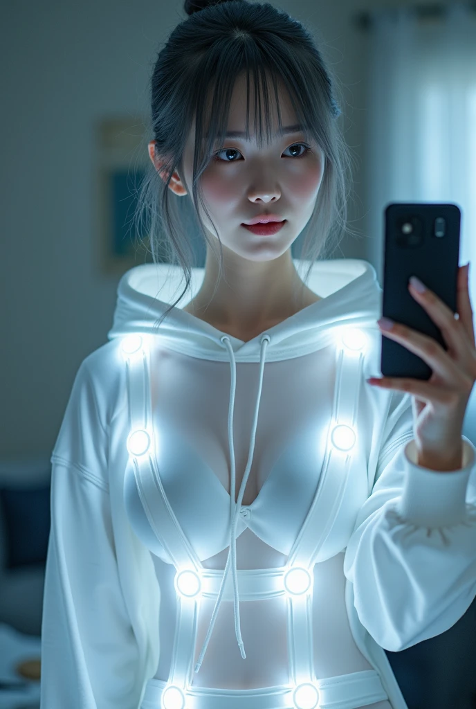highly detailed, beautiful, hyper Realistic girl, masterpiece, best quality, Depict a mysterious and sophisticated beautiful Japanese gravure model,, 28-years-old, identity hidden, all body shot, / gray arranged hair, small head, Detailed face, Duck mouth, perfect beautiful Tooth, arranged gray hair, shiny eyes, Detailed blue-colored eyes, Realistic skin, Detailed face, /// Her outfit includes sexy and casual (see-through:1.4) Thin white sports Sweatshirt with hood with multiple elastic white led harnesses designed underneath, and led hem, adding a minimalist beauty. She accessorizes with futuristic accessories and wears technical sneakers. Her demeanor exudes harmony and striking simplicity., //// Monotone simple modern taste single room, mirror, complicated background /// takes a selfie in her room using a smartphone in front of a mirror with one hand, all body shot, standing and emotional Posing, looking away from the camera,