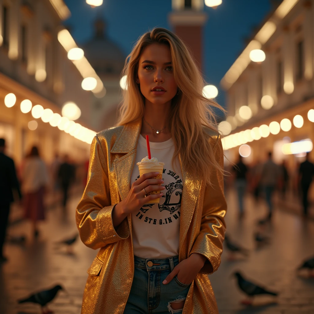 (NSFW) a beautiful young  woman, 23 years  woman standing in Piazza San Marco, wearing a trendy oversized blazer over a graphic tee and ripped jeans. She’s holding a cup of gelato, with the bustling square, pigeons, and the iconic St. Mark’s Basilica providing a lively Venetian atmosphere.antasya world, hyperrealistic, unreal engine5, photorealistic, full body, American planedetailed, ultrarealistic, beautiful, goddess body, perfect body, perfect anatomy, gold costume details, stones beautiful, diamonds, flashes of light around her, night under the jungle, perfectly illuminated