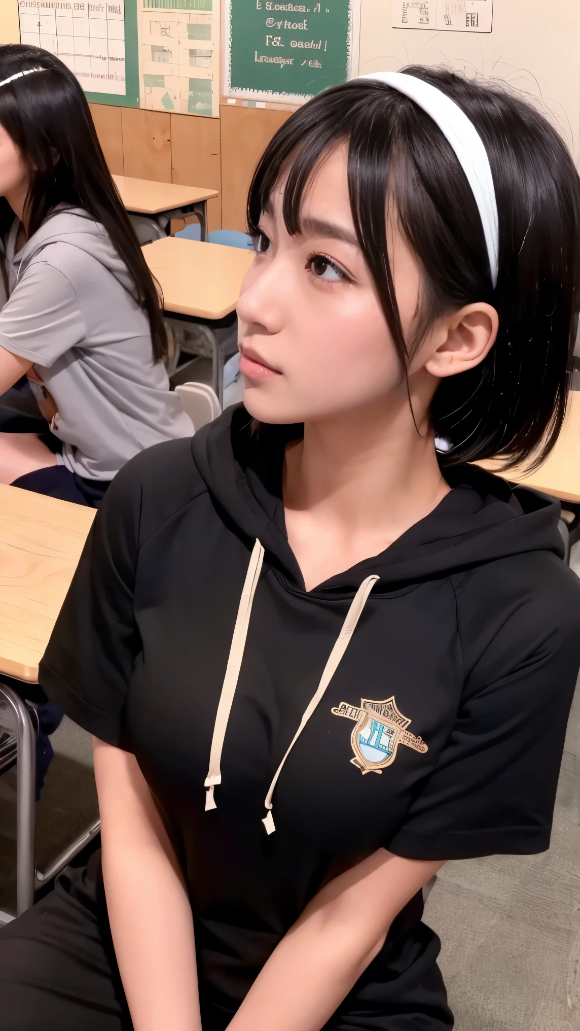 masterpiece, best quality,absurdres,high school girl、18-year-old、Very Short Hair、Black Hair、Dolphin hairpin、slender、Big Breasts、Hooded trainer、School classroom,Begging for a kiss、sit next to、