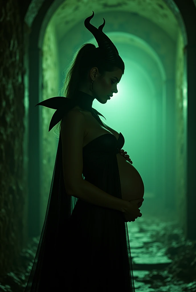 A stunning portrait of Maleficent, She is pregnant, holding her belly, young and beautiful, hyper realistic, real portrait, backlit, exquisite features, cleavage, sexy, seductive, unnatural light, soft light, location is the interior of a dungeon, green light, eerie,