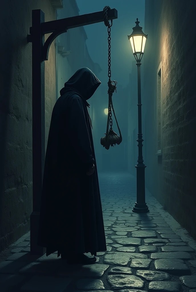 une silhouette debout dans une rue pavée, faiblement éclairée, la nuit. La silhouette est vêtue d’une cape avec une capuche qui cache le visage.  L’habillement est celui dun fossoyeur pres de son échafaud pour pendre un criminel.  lampadaire fournit de la lumière, projetant de longues ombres et contribuant à l’atmosphère inquiétante de la scène. il va pendre un criminel sur l'échafaud . on voit l'échafaud 