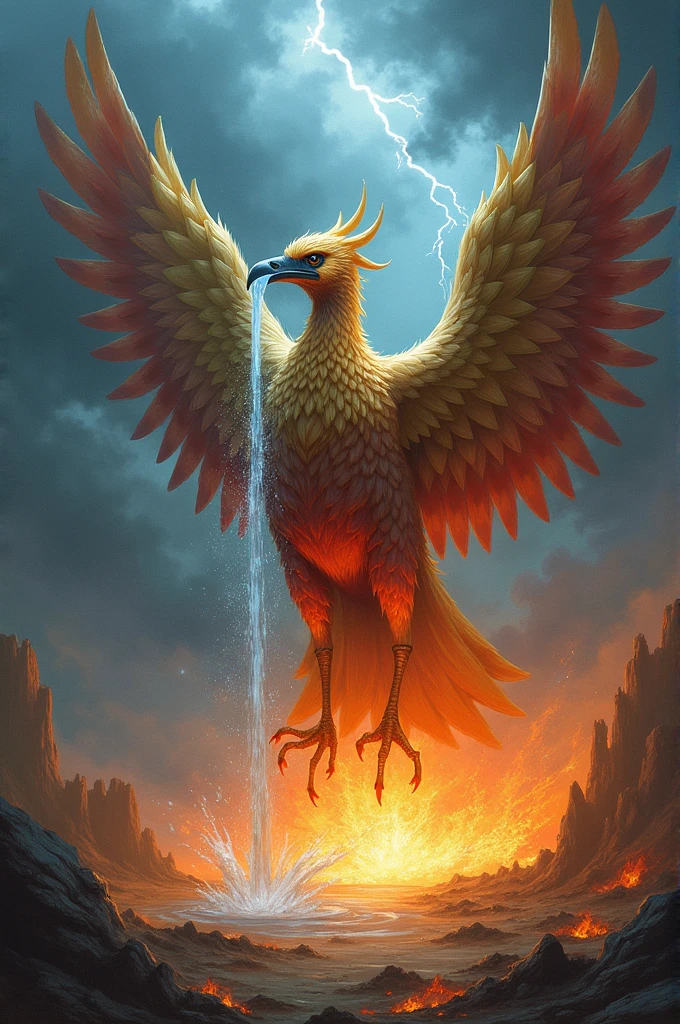 Bird pouring water on fire