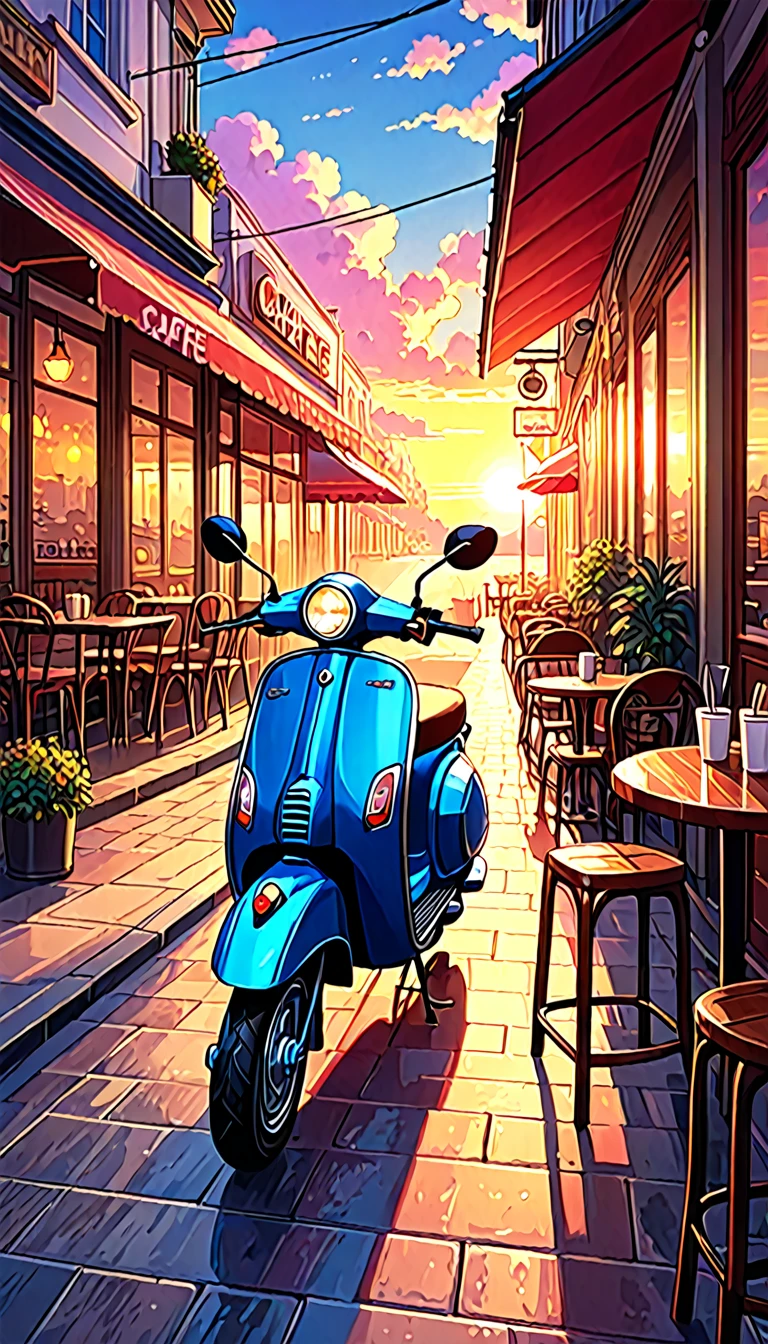 a painting of a scooter in front of a cafe with a sunset in the, cozy cafe background, cafe, beautiful retro art, scenery artwork, cafe in the clouds, warm beautiful scene, scenery art detailed, diner caffee, dream scenery art, watching the sun set. anime, anime scenery, in a sidewalk cafe, at a beautiful sunset, beautiful aesthetic art, nightcafe, in a bright cafe, super detailed color art, beautiful comic art, beautiful anime scenery, retro style art