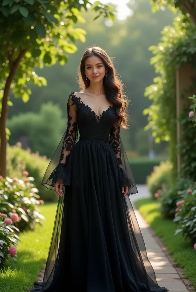 A girl celebration that 19 birthday a girl wearing a black long gown long designer sleeve in garden and that girl face white