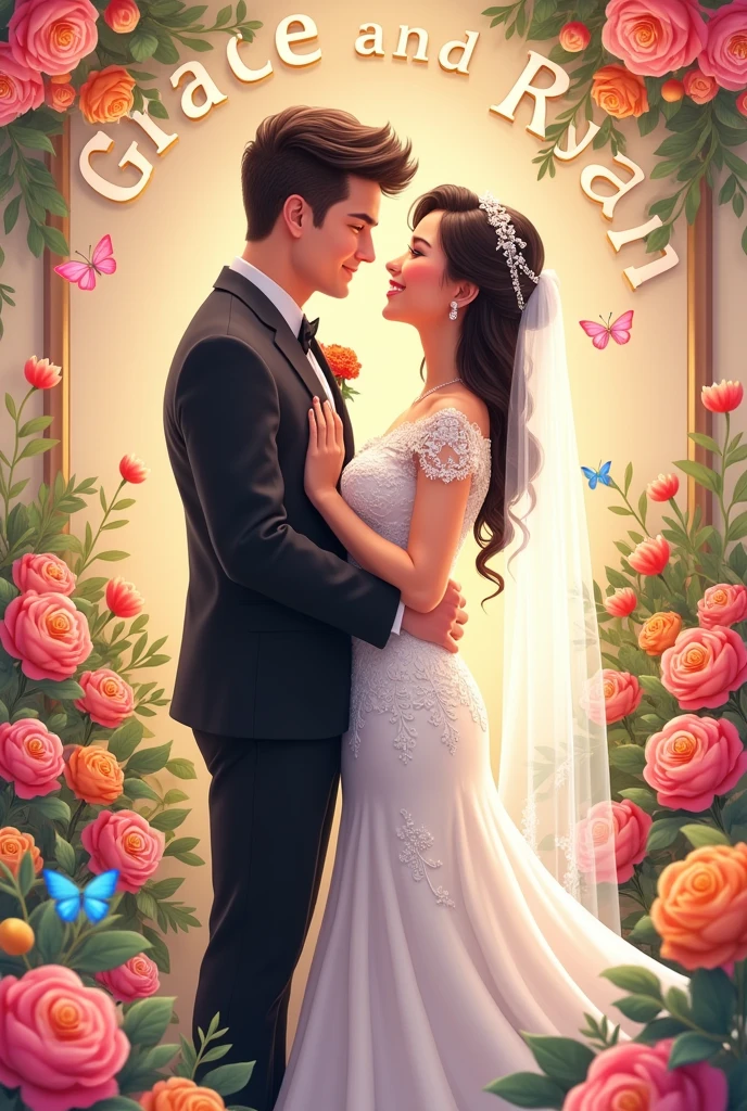 Real Pinoy wedding.woman semi chubby beautiful with wedding gown and man handsome with black attire.with name wall "Grace and Ryan"with flowers baloons butterflies