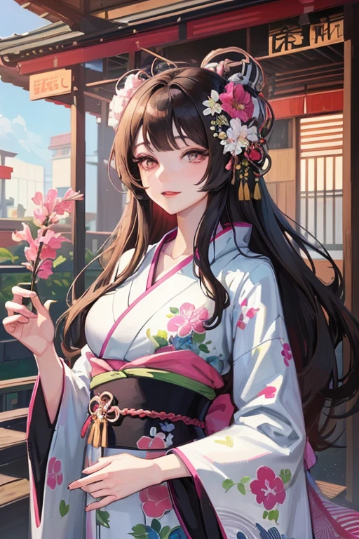 A beautiful woman in a kimono shows her white teeth、SeaArt creates stunning illustrations of beautiful women in kimono、Brown-black long hair、Full Body Style、Beautiful digital artwork, Beautiful digital illustrations, Beautiful digital painting, Smooth anime CG art,Amazing digital illustrations, Detailed digital anime art, Beautiful anime portraits