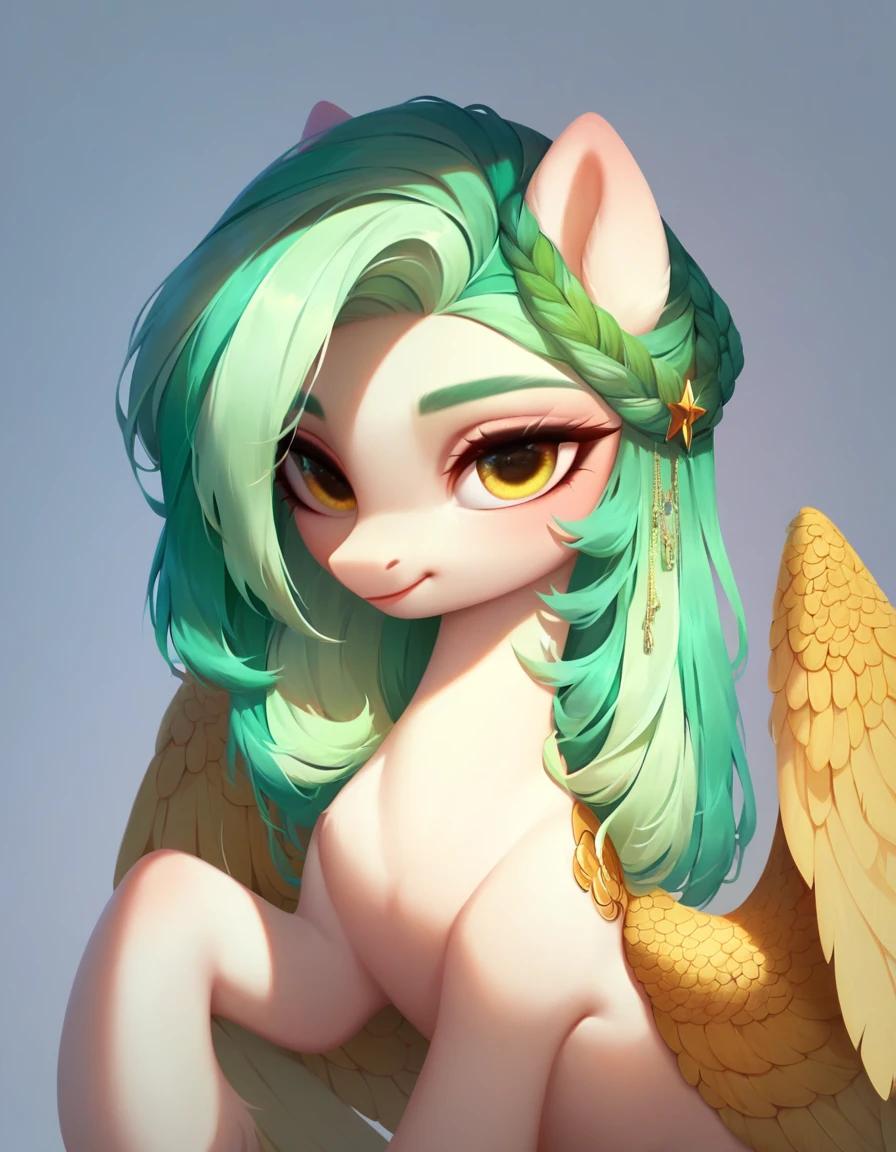 (work of art, Maximum quality, best qualityer, offcial art, beautiful and aesthetic:1.2), A DJ pony with a long light green mane, long straight light green hair, Caucasian skin, gold eyes, pegasus wings.