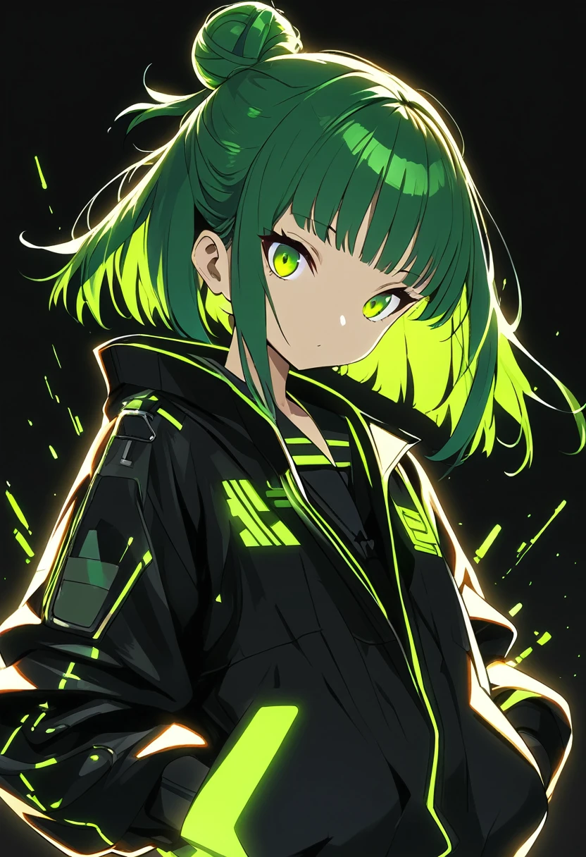 One girl、masterpiece、Highest quality、Beauty、Yellow-green hair、Low bun hair、Straight bangs、Black Sailor Suit、Cyber-inspired jacket、cyber punk、Put your hands in your pockets、Black Background、paint、anime