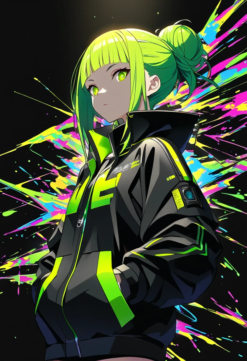 One girl、masterpiece、Highest quality、Beauty、Yellow-green hair、Low bun hair、Straight bangs、Black Sailor Suit、Cyber-inspired jacket、cyber punk、Put your hands in your pockets、Black Background、paint、anime