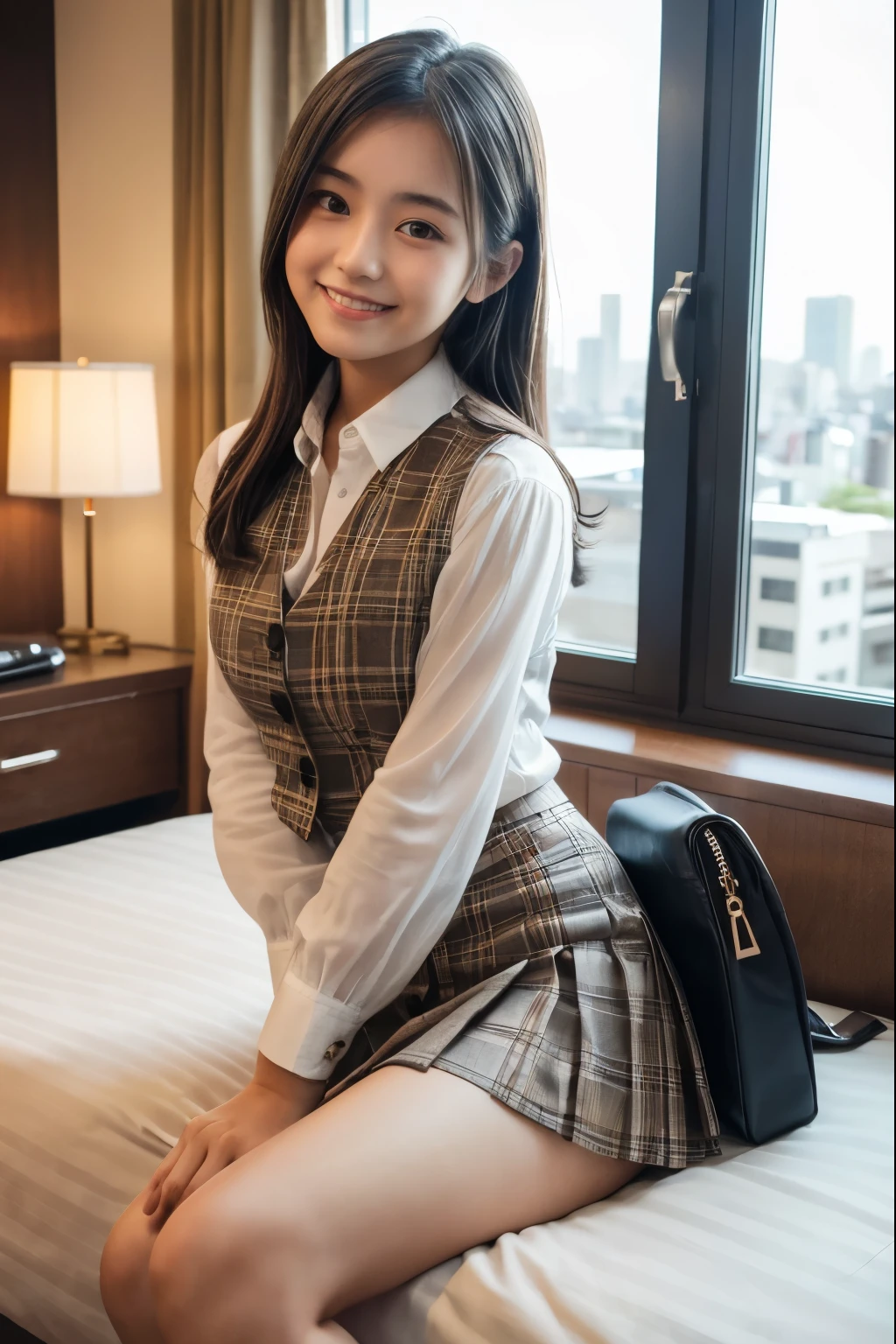 1 young girl,very cute and beautiful japanese teen actress,highly detailed beautiful face, office working lady,white blouse,plaid vest,looking at viewer,smile,solo, sitting on bed sheet,pleated black mini skirt,bag, hotel room in tokyo,gorgeous furnitures,window,town view,real person,photorealistic,8k,raw photo,