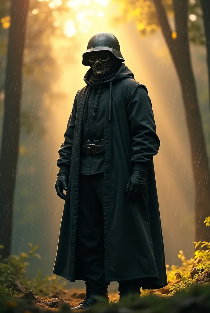 A man wearing a black cloth outfit, his face completely covered by an iron mask with Black glasses, wearing an M35 helmet, Wear a sun protective jacket, Wear gloves and 2cm boots.
Set in Hometown, The forest and the weather were sunny with light rain.