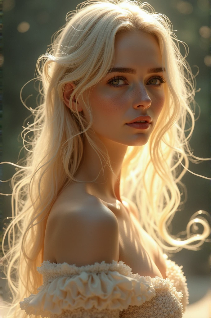 Her skin is fair and radiant, like the finest ivory. Her eyes are deep and dark, like pools of endless night. Her hair falls in soft, glossy waves, shimmering in the light like spun gold. Her body is slender and gracefully curved, each movement as elegant as a flower in the breeze."
