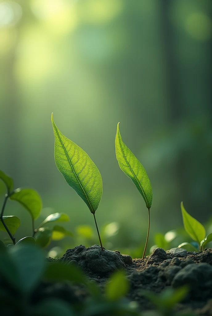 Two long leafs dancing, background blur nature photography, leafs stands on table